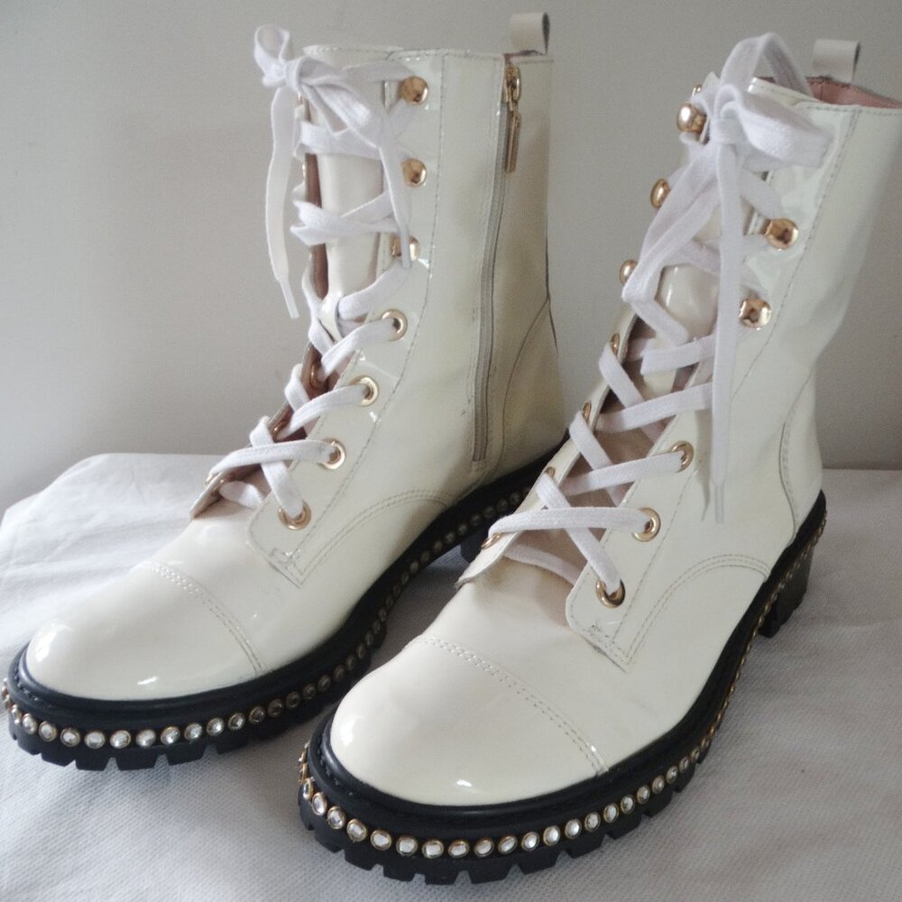 Schutz “Andorra” White Patent Leather Laced Up Combat Boots W/ Rhinestones US 9B - Picture 3 of 12